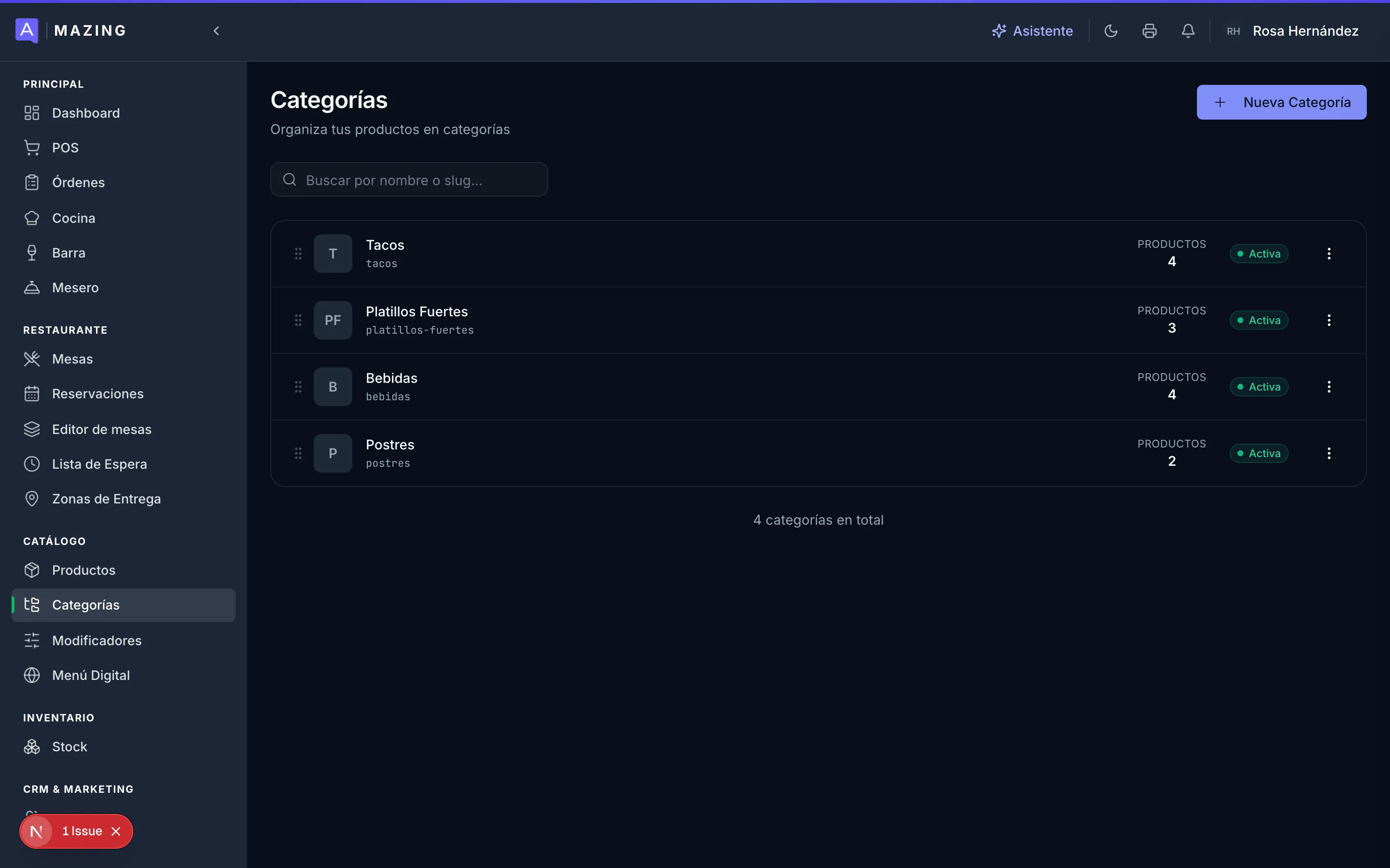 Lista de categorías con su número de productos